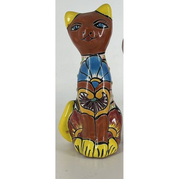 Mexican Red Clay Tabby Cat Figure Hand Painted Pottery Folk Art 7 In Tall - Picture 2 of 7